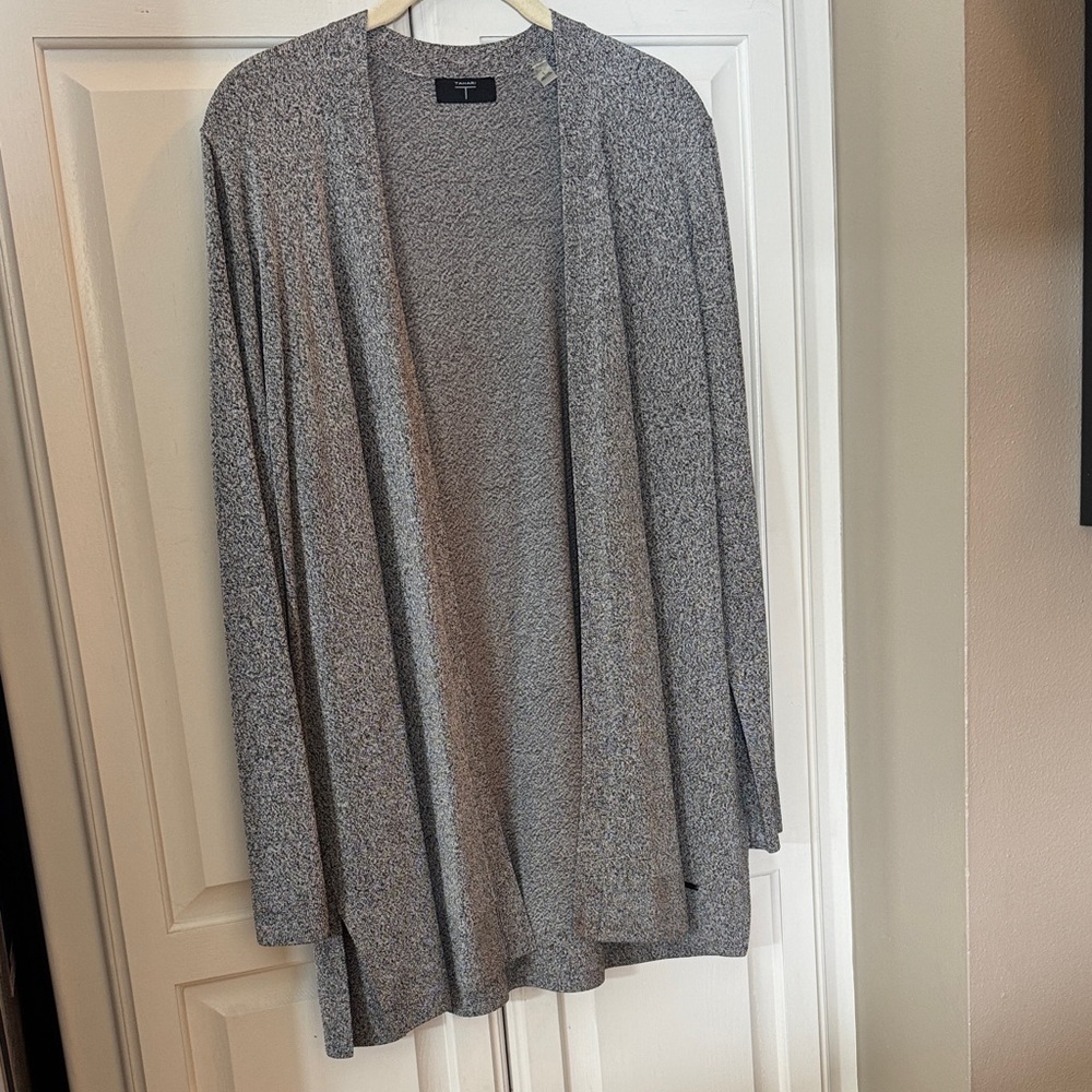 T Tahari Silver Grey Open Front Cardigan Sweater Heathered Side Slits  sz Large